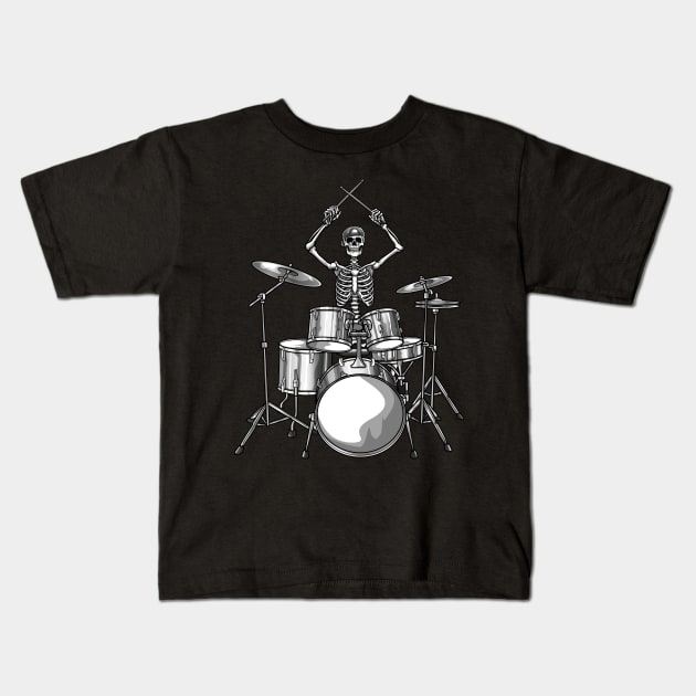 Drummer Skeleton Drumming Kids T-Shirt by KAWAIITEE